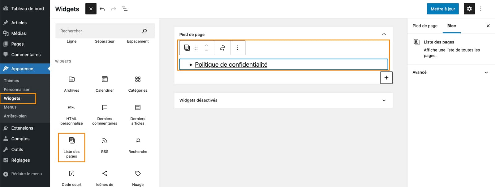 Les widgets disponibles sur WordPress