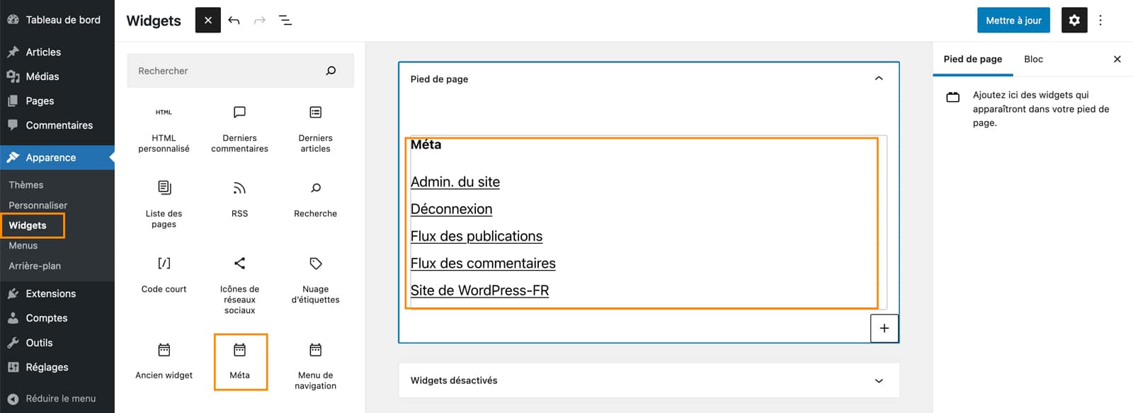 Les widgets disponibles sur WordPress