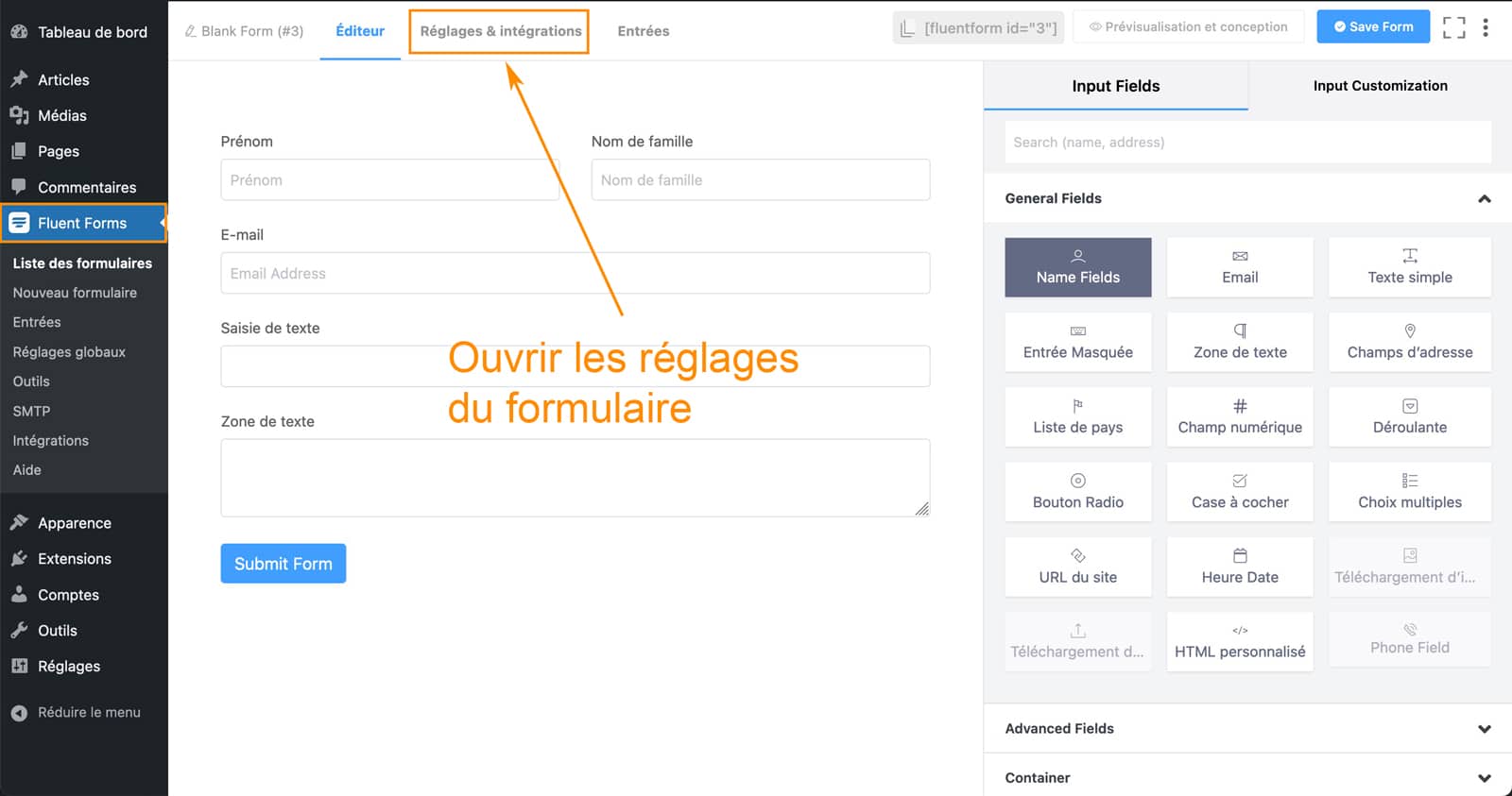 Réglages du plugin Fluent Forms pour WordPress