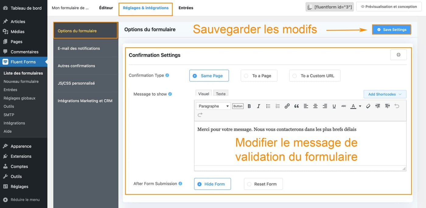 Réglages du plugin Fluent Forms pour WordPress