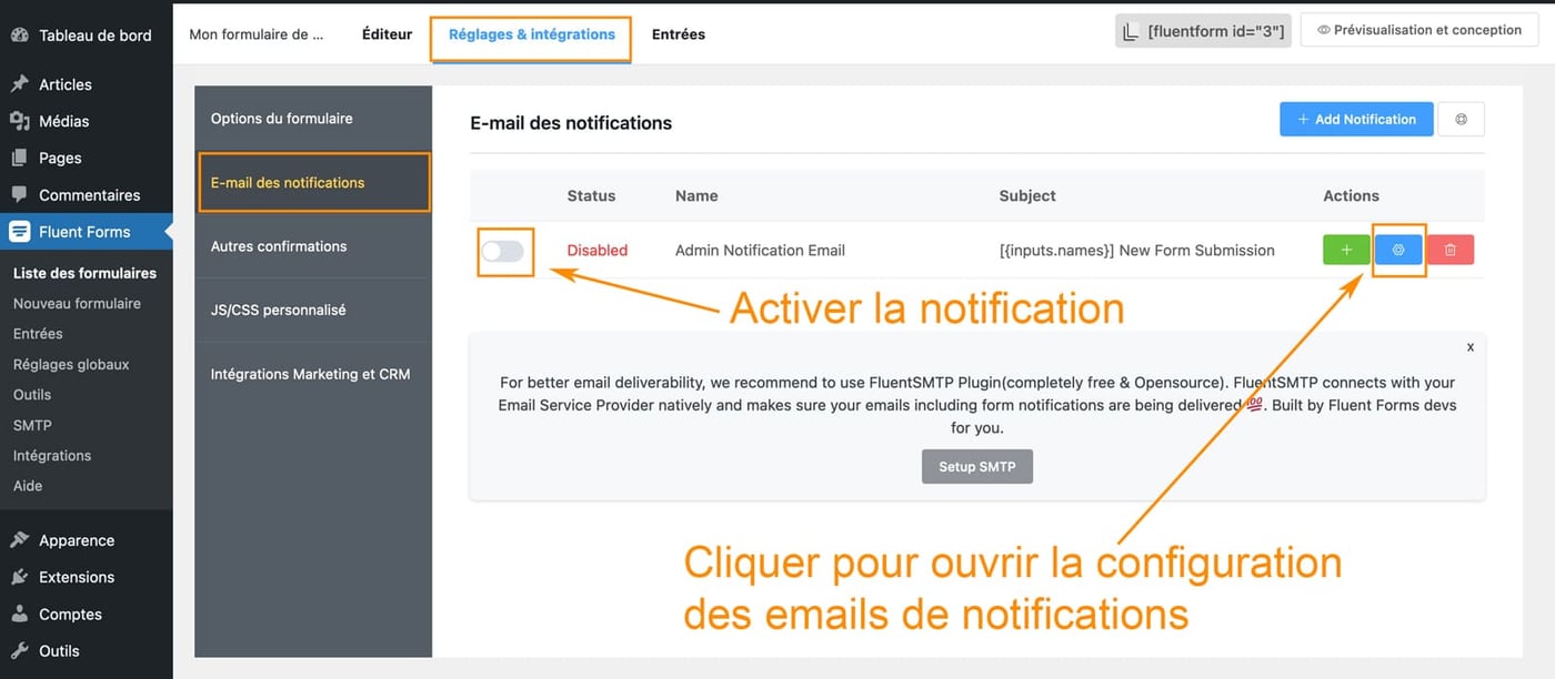 Réglages du plugin Fluent Forms pour WordPress