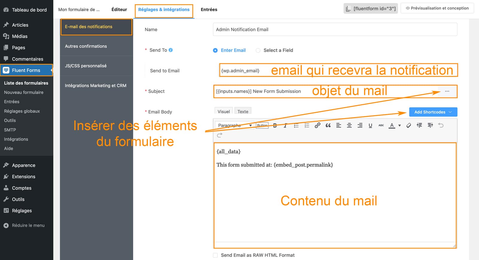 Réglages du plugin Fluent Forms pour WordPress