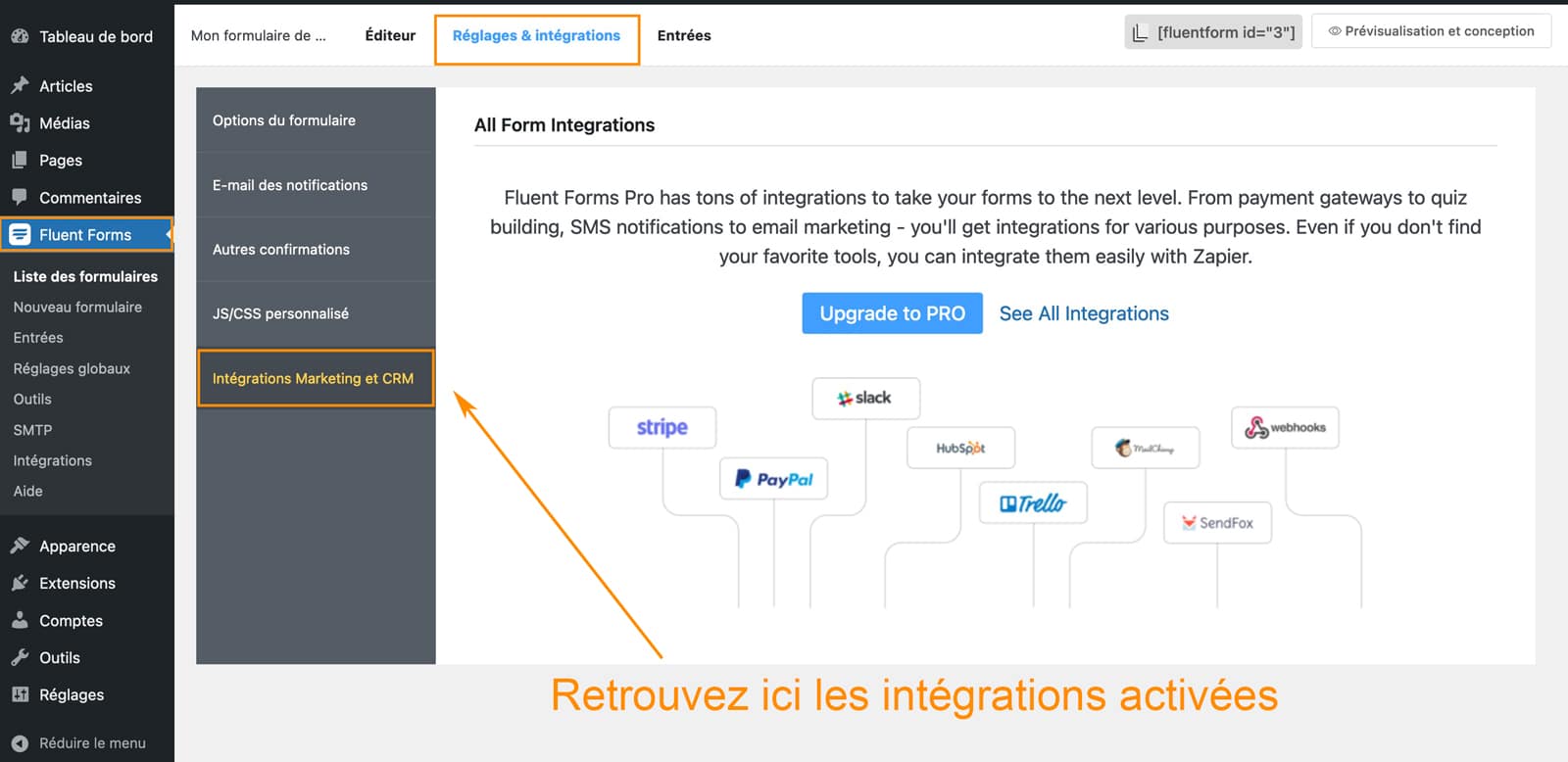 Réglages du plugin Fluent Forms pour WordPress