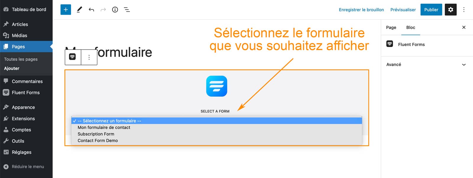 Insérer un formulaire Fluent Forms sur WordPress