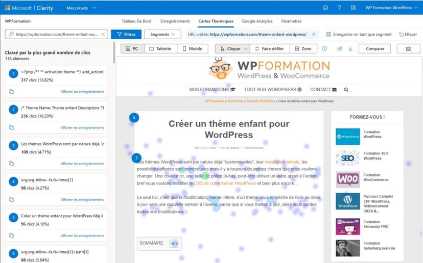cartes thermiques heat map clarity WordPress