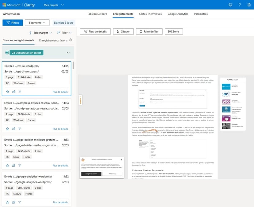 enregistrements clarity WordPress