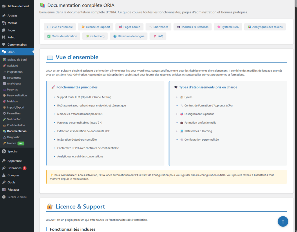 Documentation WordPress sur les fonctionnalités