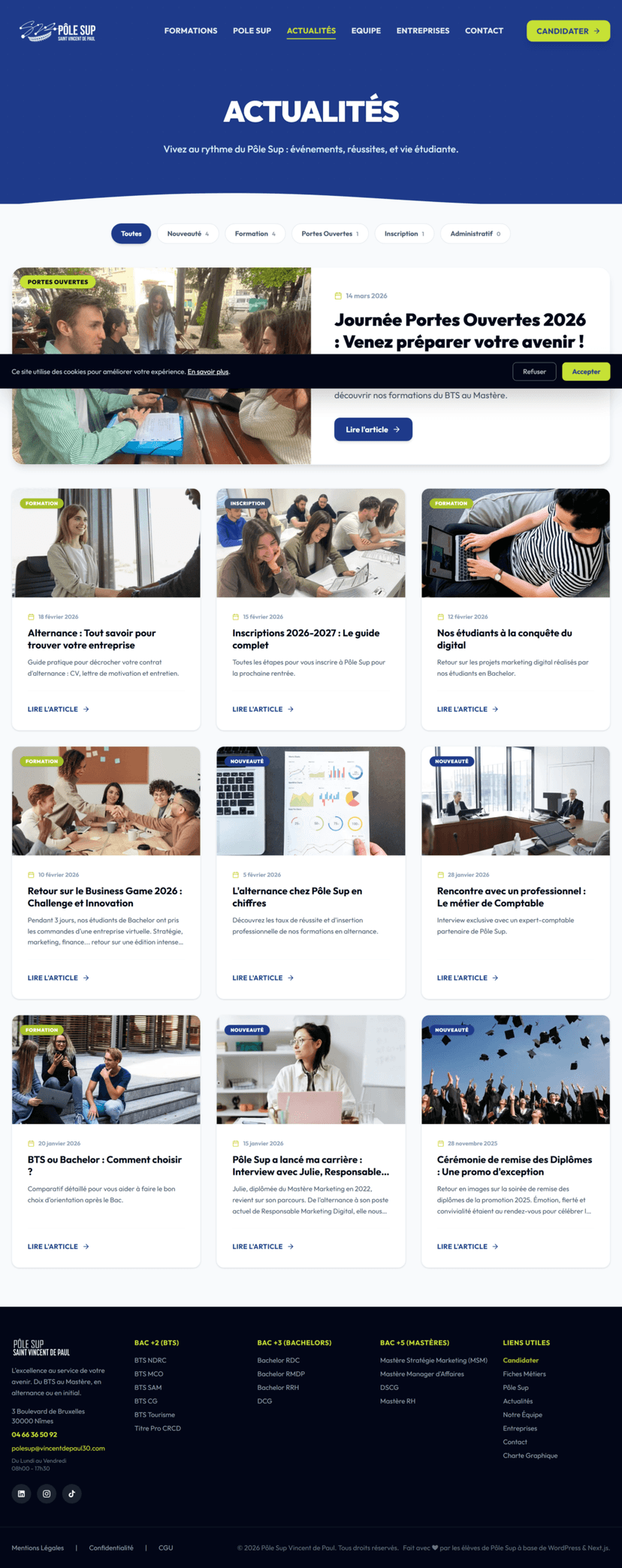 Page actualités avec article en vedette et filtres