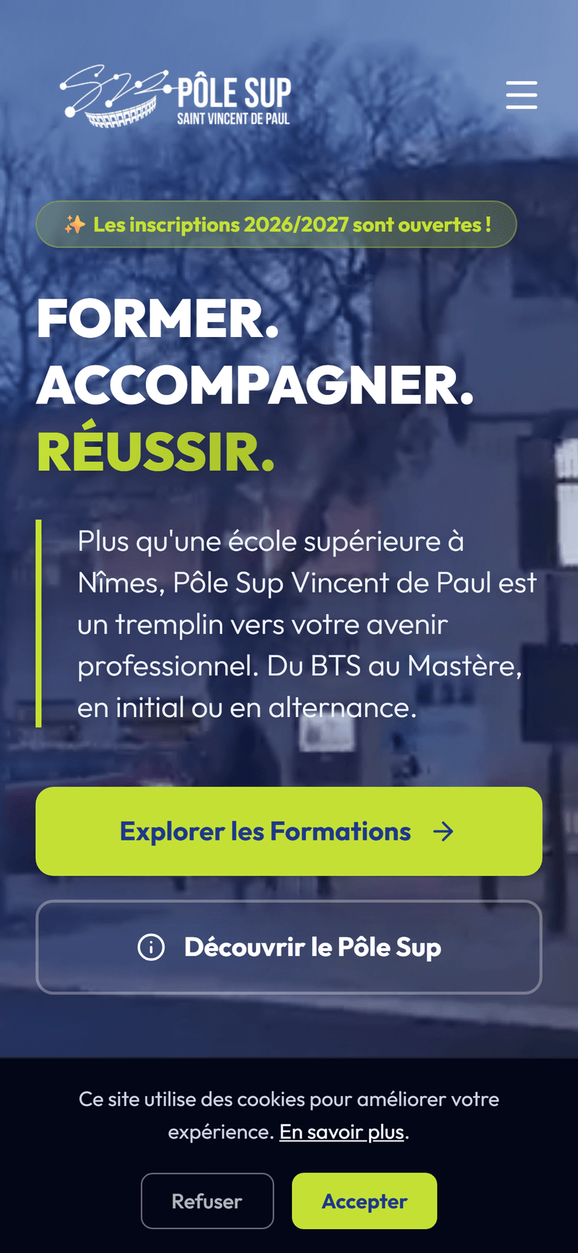 Version mobile du site — responsive design optimisé pour les lycéens