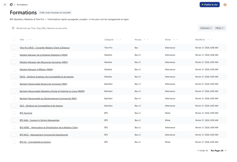 Liste des formations dans l'admin Payload CMS