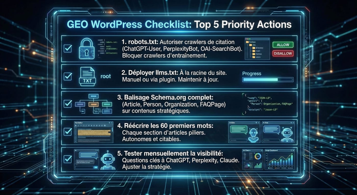 Checklist GEO WordPress : les 5 actions prioritaires