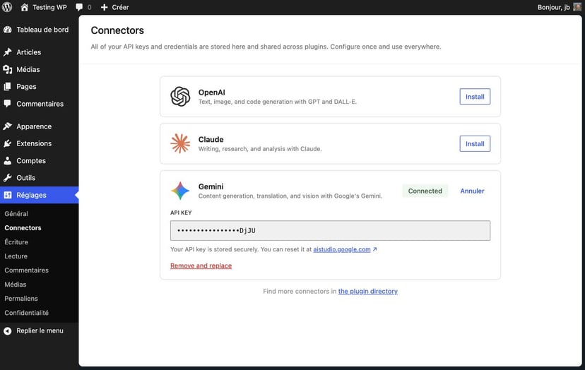 Écran de gestion des connecteurs IA dans WordPress 7.0 avec OpenAI Claude et Gemini