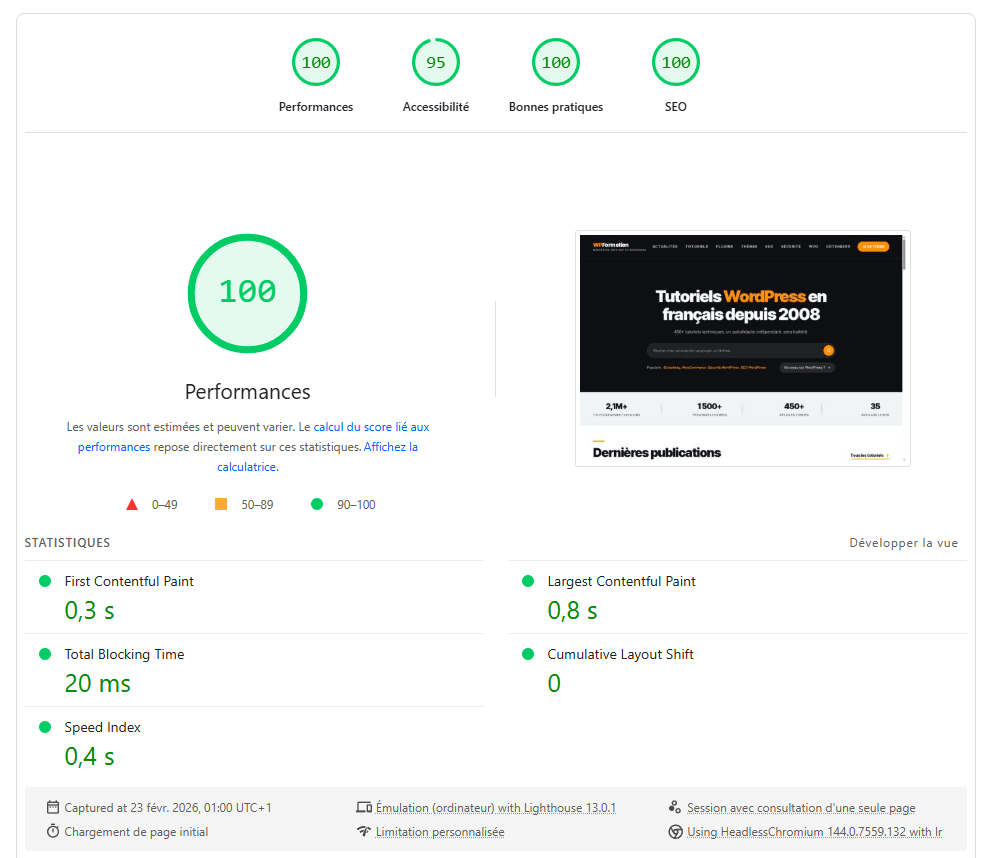 Score PageSpeed Insights de WPFormation après migration headless
