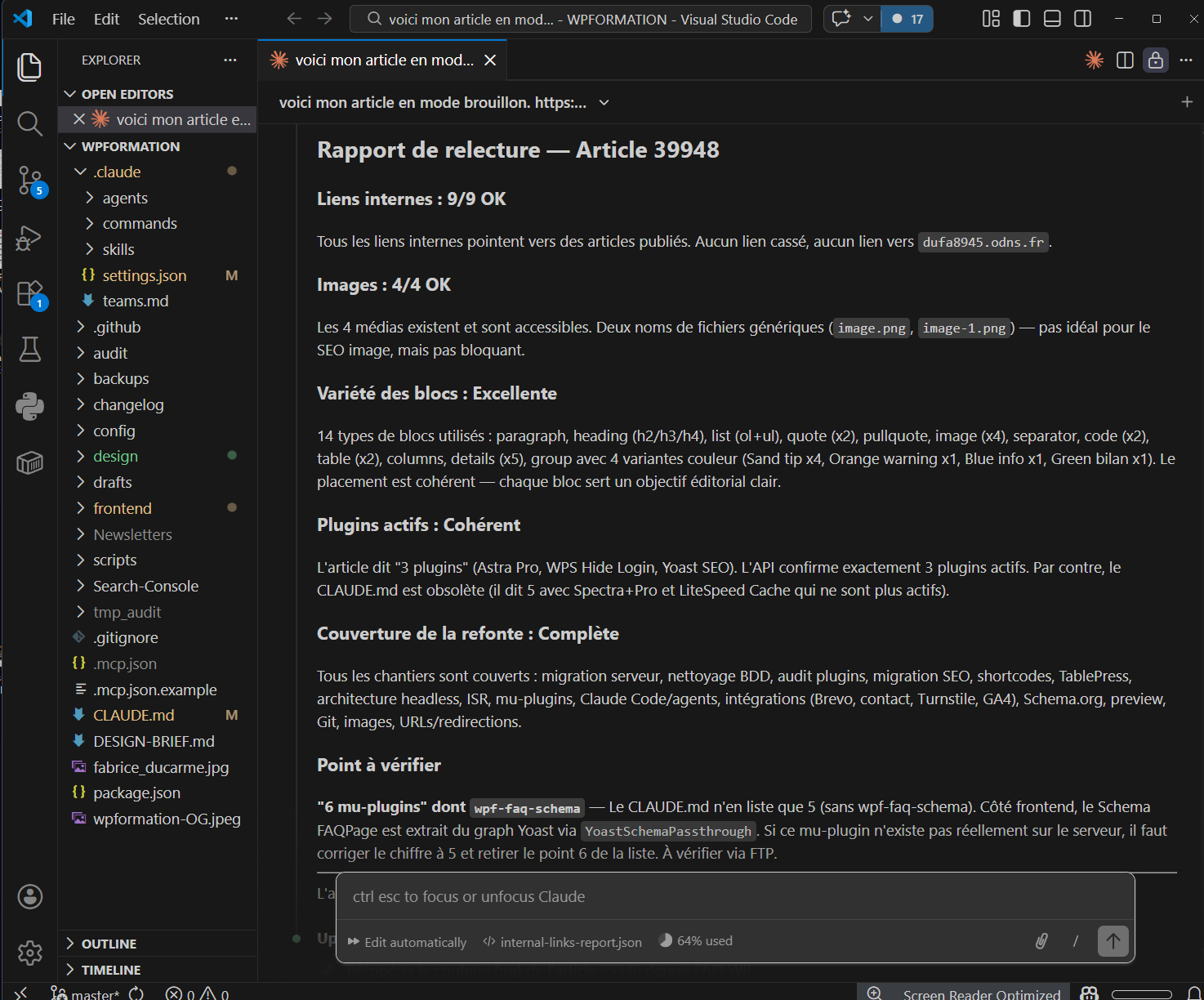Claude Code intégré dans VS Code pour le projet WPFormation