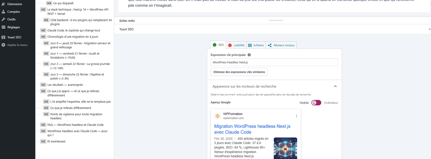 Interface Yoast SEO dans WordPress headless exposant les meta via l'API REST