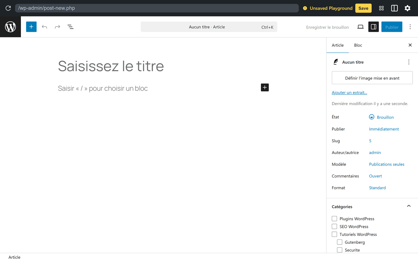 Panel cat&eacute;gories dans la sidebar de Gutenberg WordPress