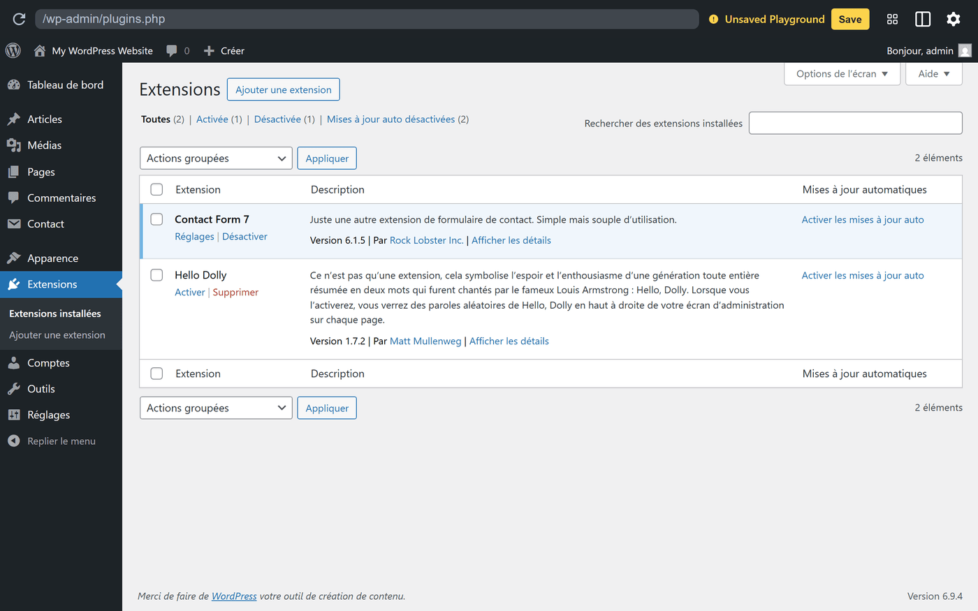Activation de Contact Form 7 dans la liste des extensions WordPress