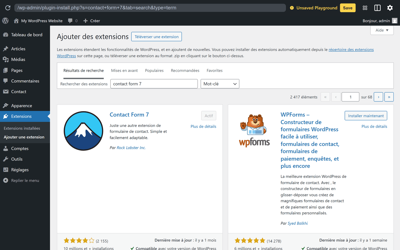 Recherche de Contact Form 7 dans le répertoire des extensions WordPress