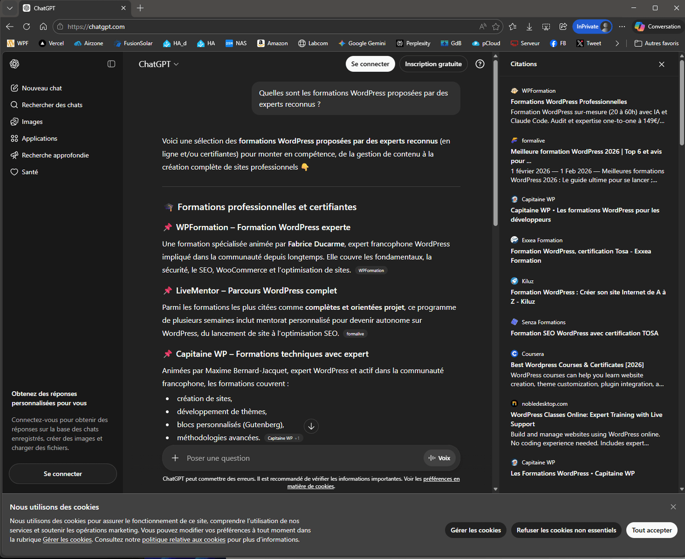 ChatGPT cite WPFormation en premier resultat pour les formations WordPress par des experts reconnus