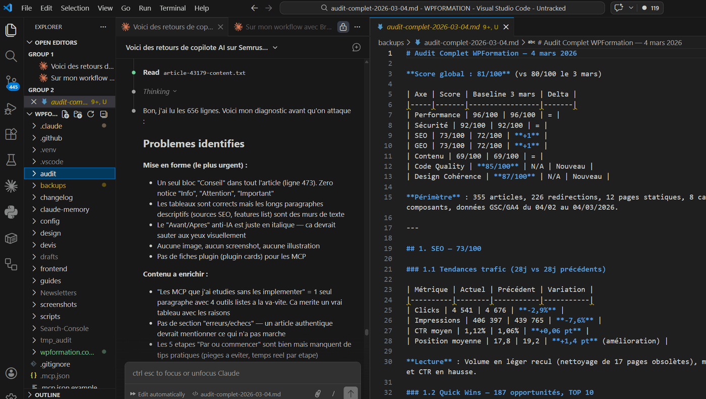 Rapport audit SEO complet généré par Claude Code dans VS Code