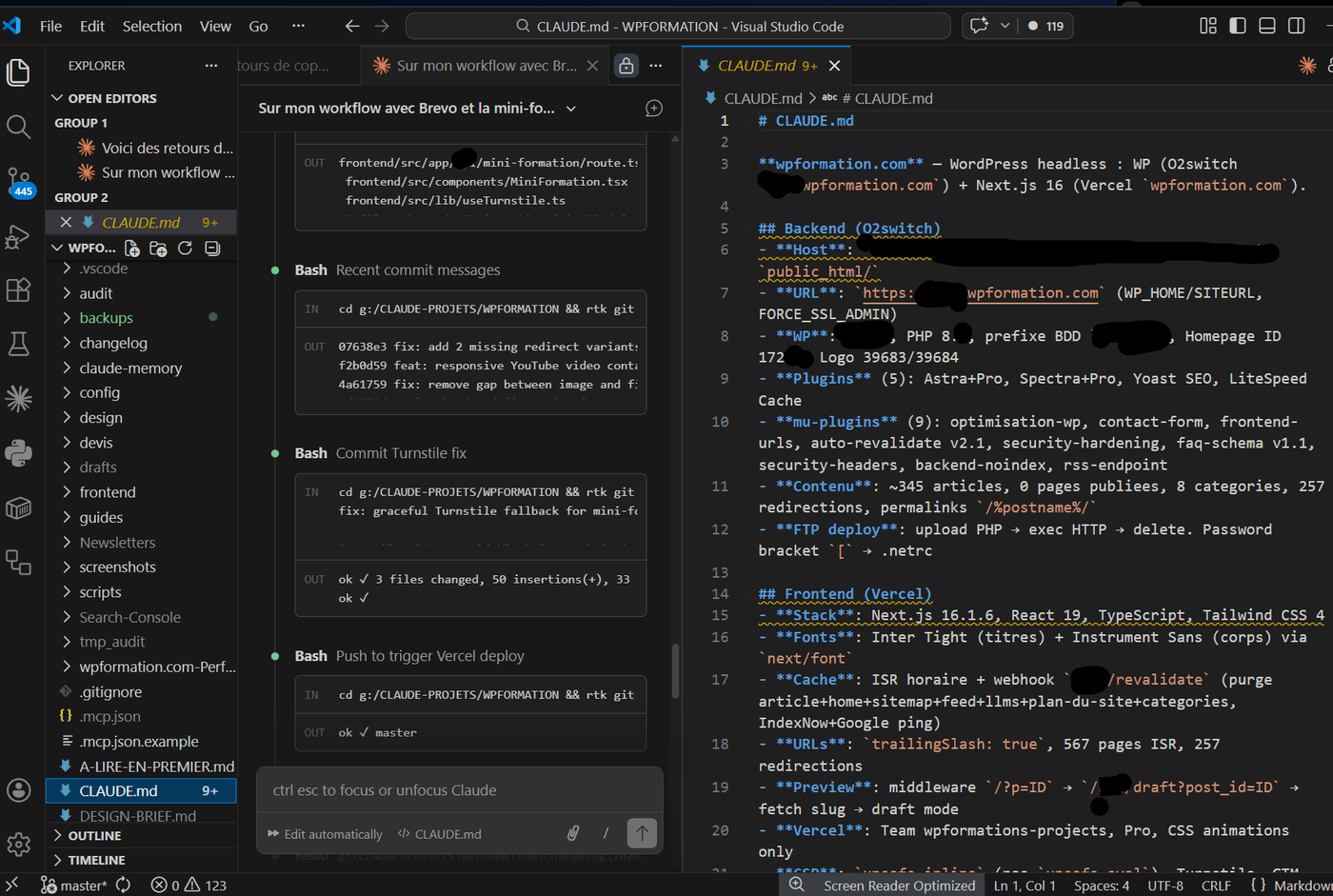 Fichier CLAUDE.md ouvert dans VS Code avec la configuration du projet