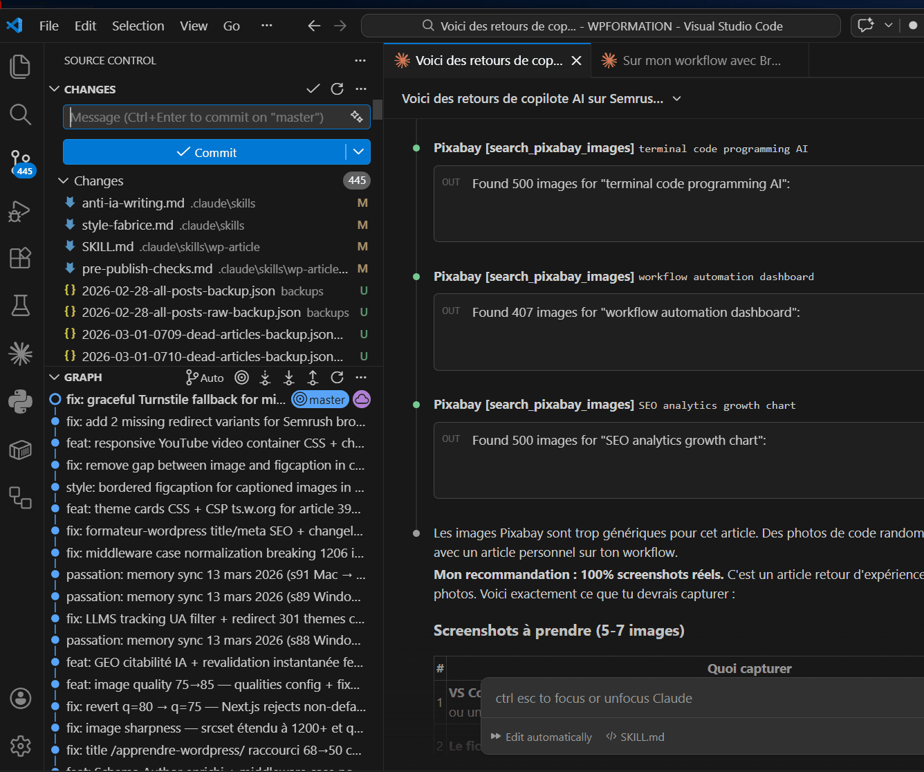 Vue Git dans VS Code montrant les changements du projet Claude Code