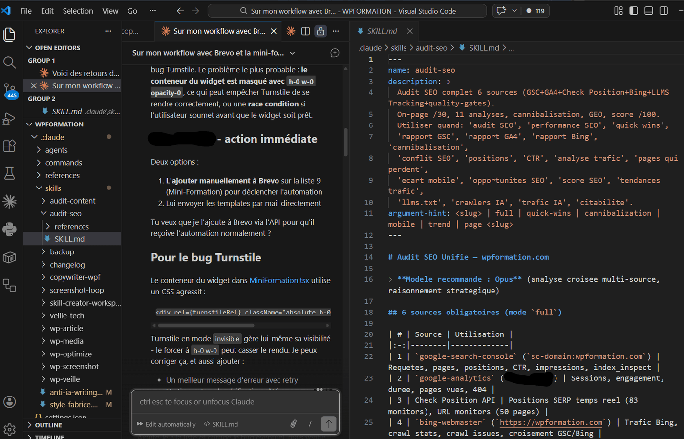 Skill audit SEO ouvert dans VS Code avec Claude Code