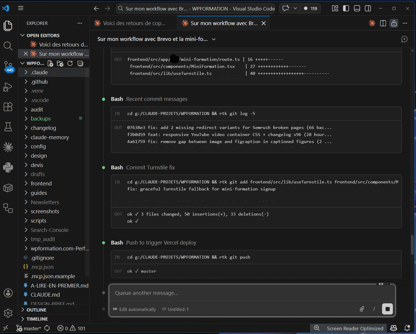 Claude Code dans le terminal VS Code avec workflow WordPress