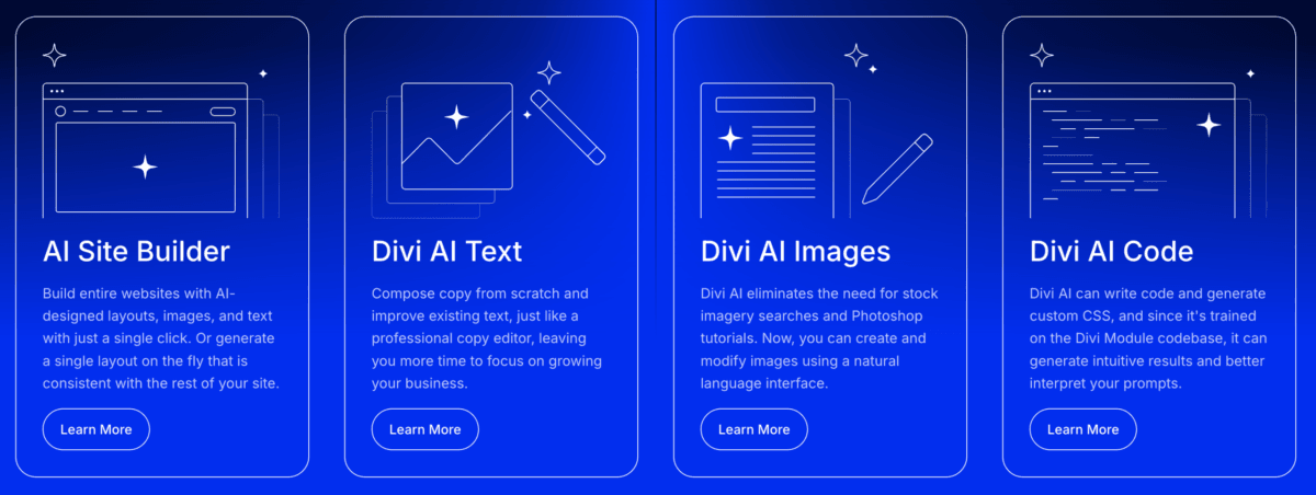 Les 4 fonctionnalités Divi AI : Site Builder, Text, Images et Code