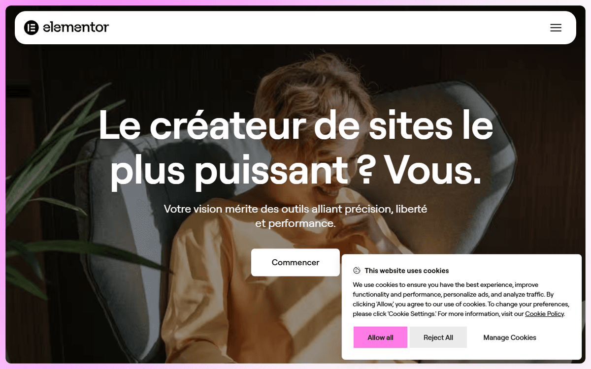 Page d'accueil du site officiel Elementor en 2026