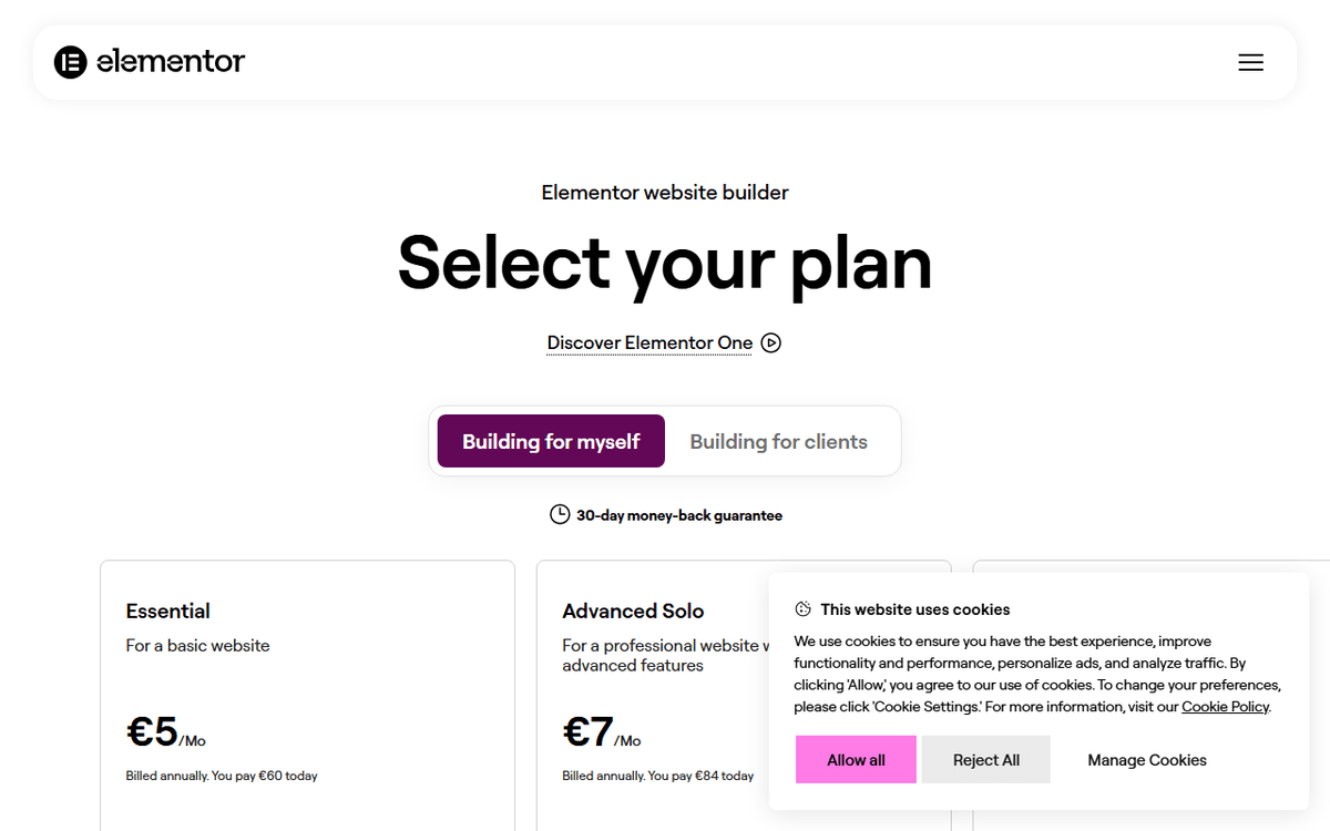 Tarification Elementor 2026 : plans Essentiel, Advanced Solo, Avancé, One, Expert et One Agency