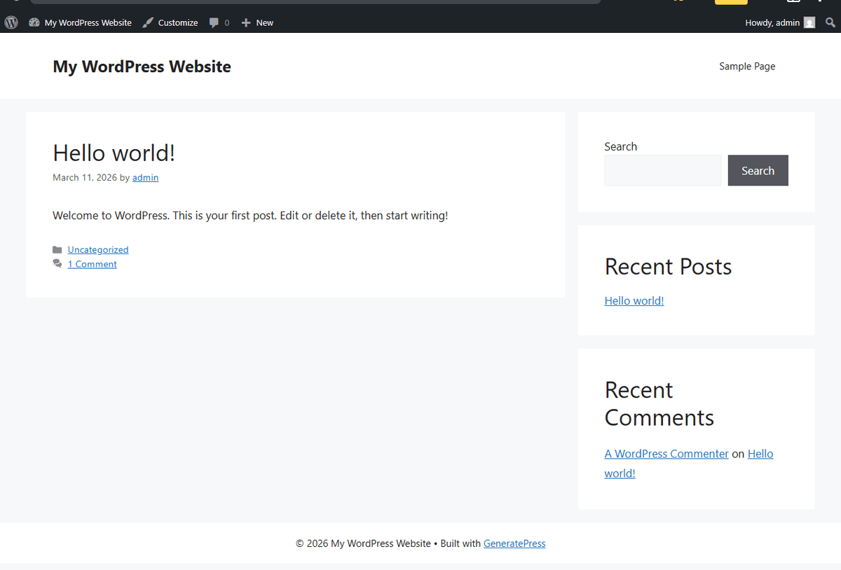 Page d'accueil GeneratePress avec le blog, la sidebar et le footer Built with GeneratePress