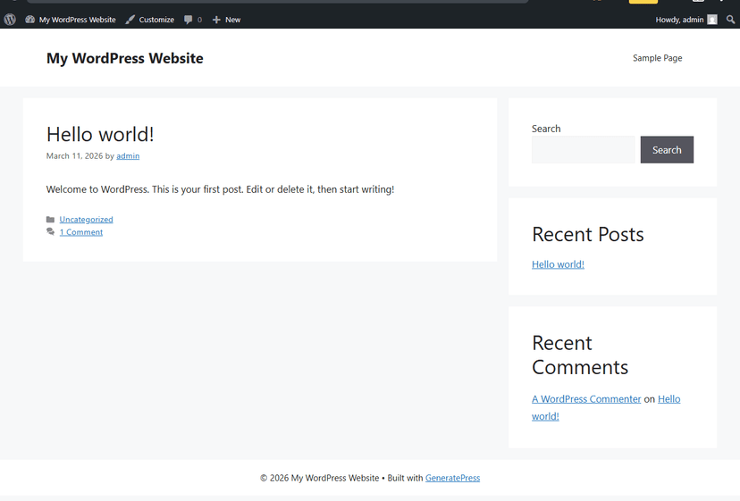 Page d'accueil GeneratePress avec le blog, la sidebar et le footer Built with GeneratePress