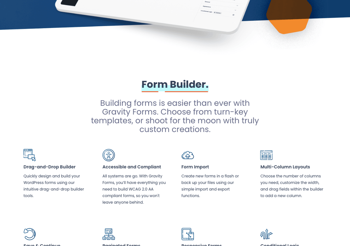 Fonctionnalites du form builder Gravity Forms : drag-and-drop, accessibilite, import et colonnes