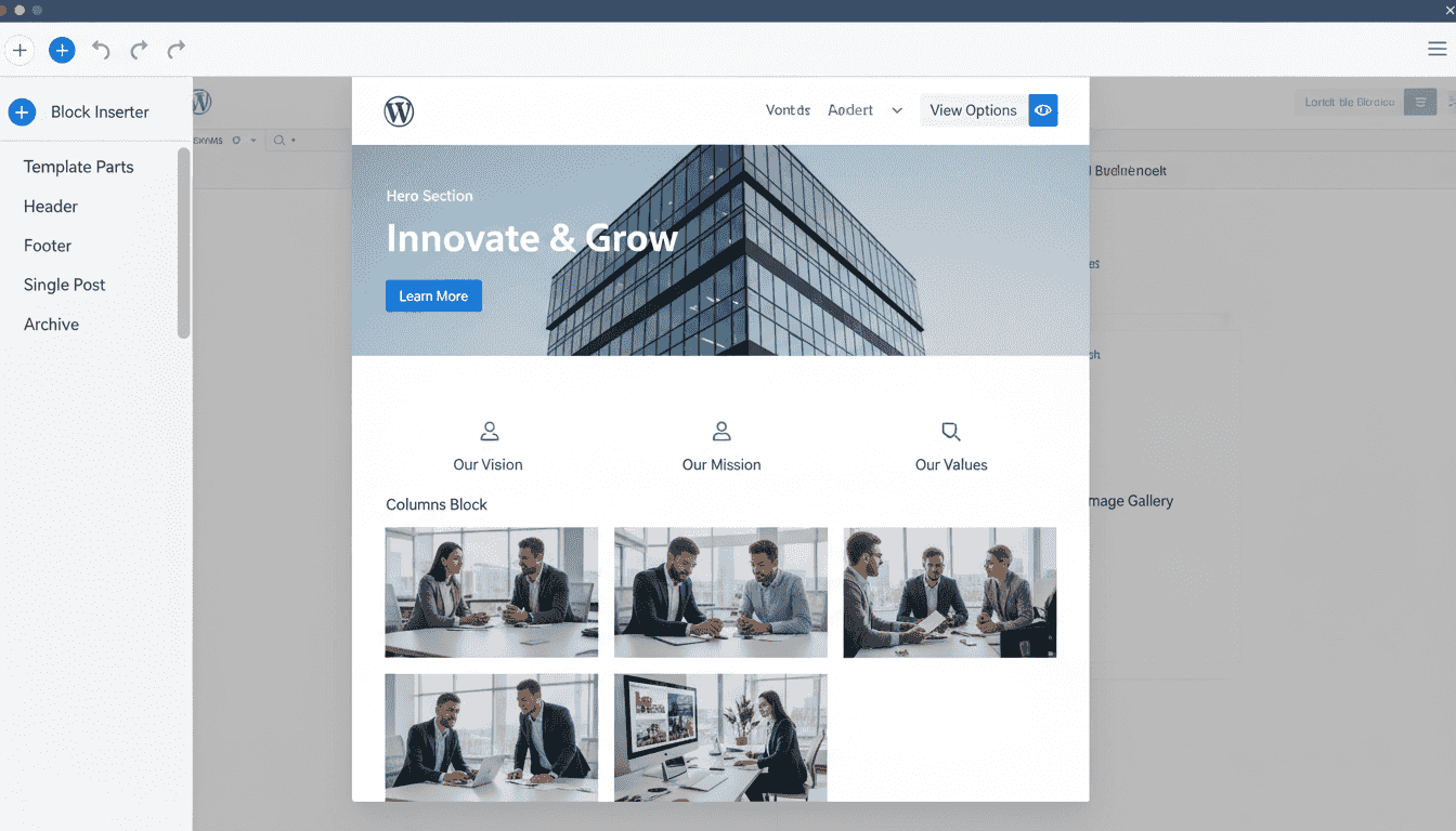 Éditeur de site WordPress Gutenberg en mode Full Site Editing : templates, header, footer, sections hero et colonnes
