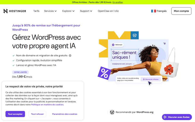 Page d'accueil Hostinger hébergement WordPress avec tarifs 2026