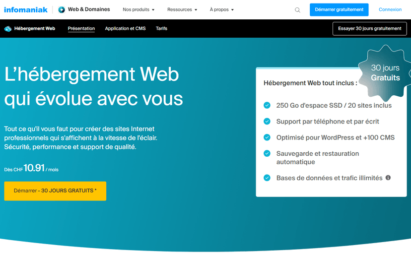 Page d'accueil Infomaniak hébergement web suisse écoresponsable