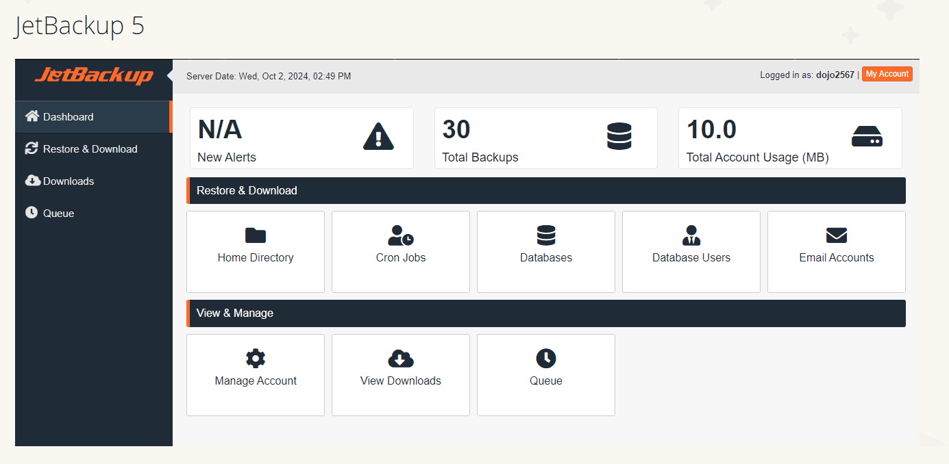 Interface JetBackup 5 dans cPanel O2switch : dashboard avec 30 sauvegardes, options restauration fichiers et base de donnees