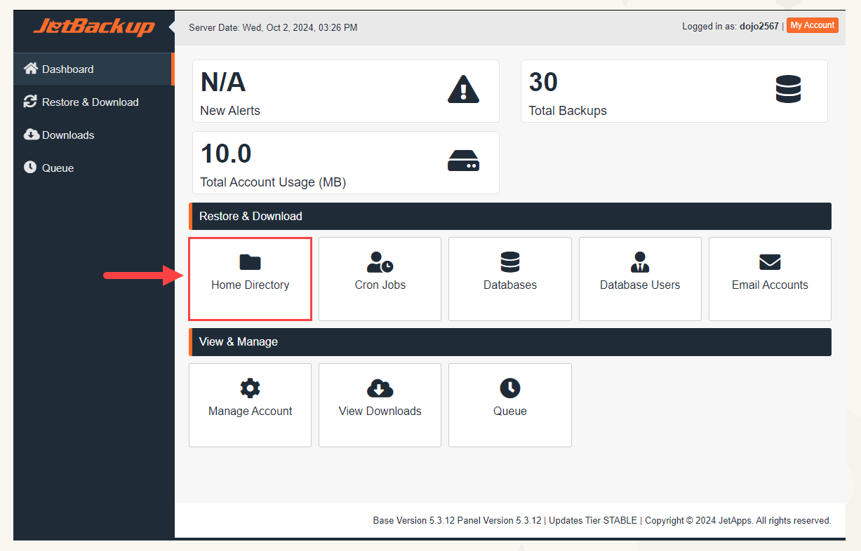 JetBackup O2switch : restauration des fichiers via Home Directory dans cPanel avec fleche indicative