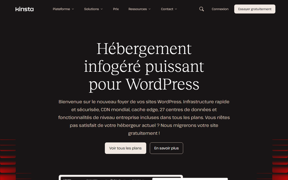Page d'accueil Kinsta hébergement WordPress infogéré sur Google Cloud