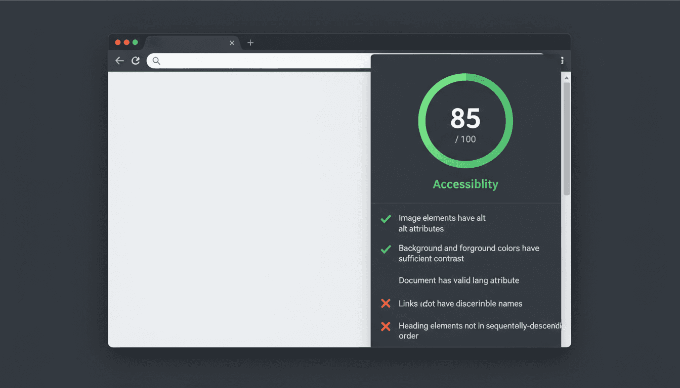 Google Lighthouse audit accessibilité : score 85/100, checklist alt text, contraste couleurs, attribut lang, liens et titres