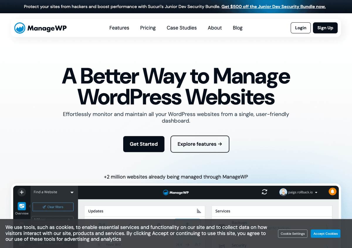 Interface ManageWP pour gérer plusieurs sites WordPress depuis un tableau de bord unique