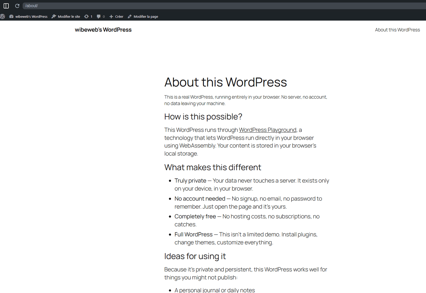 Page About this WordPress sur my.wordpress.net : explication du fonctionnement sans serveur via WordPress Playground et WebAssembly
