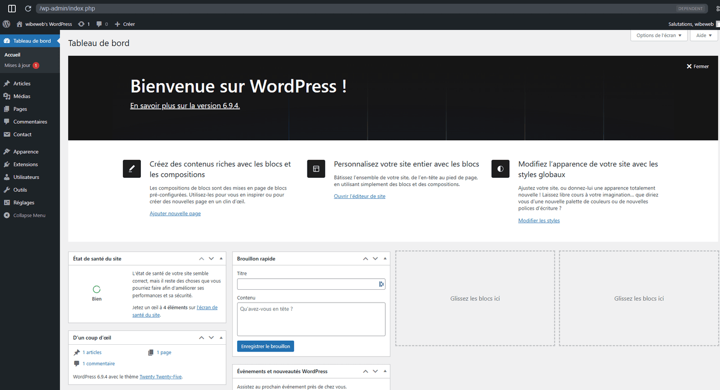 Tableau de bord WordPress en français sur my.wordpress.net : interface admin complète dans le navigateur