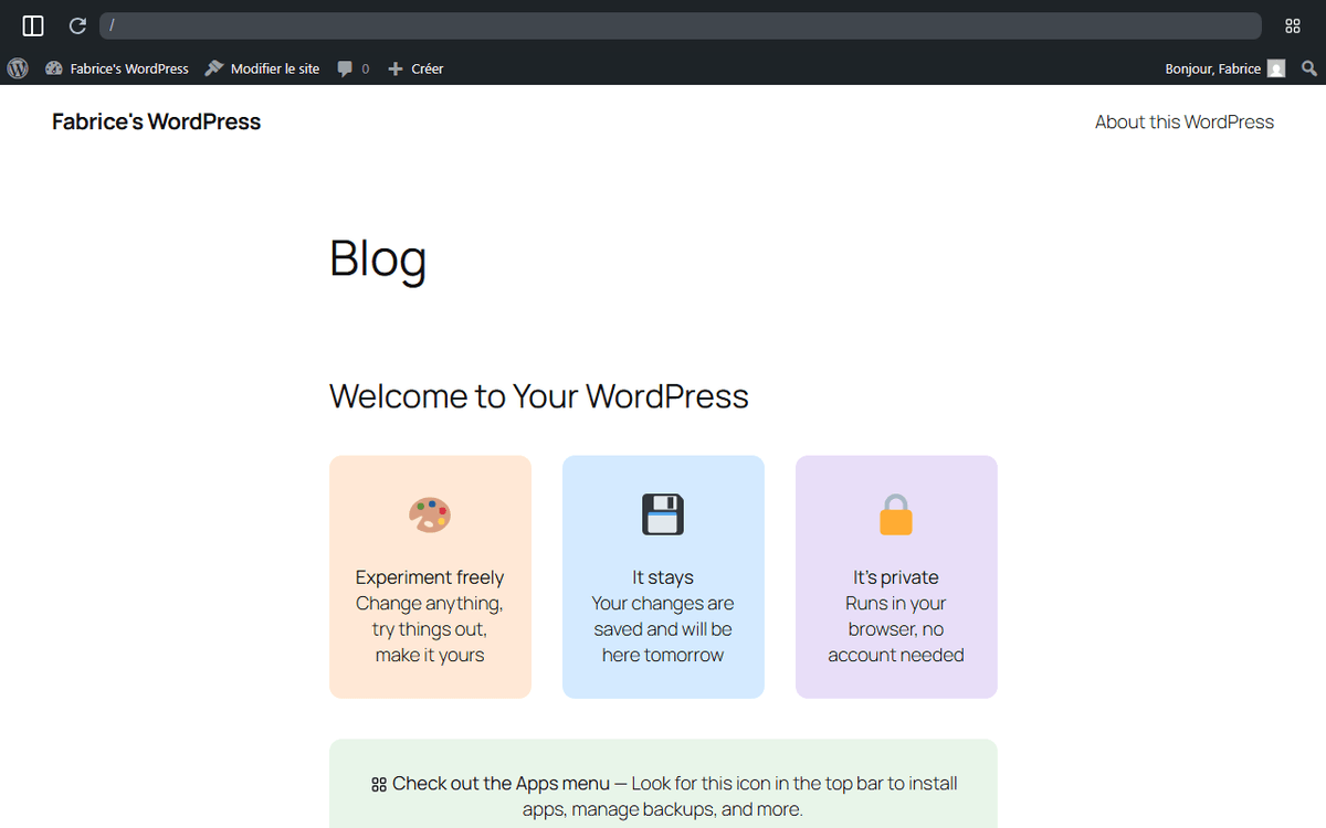 Tableau de bord WordPress sur my.wordpress.net - interface admin complète dans le navigateur