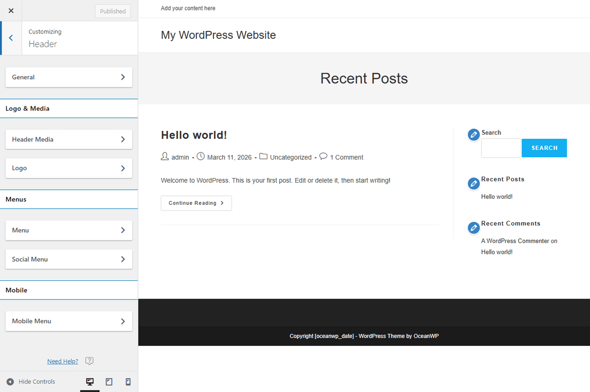 Options du header OceanWP dans le Customizer : General, Logo, Menus et Mobile