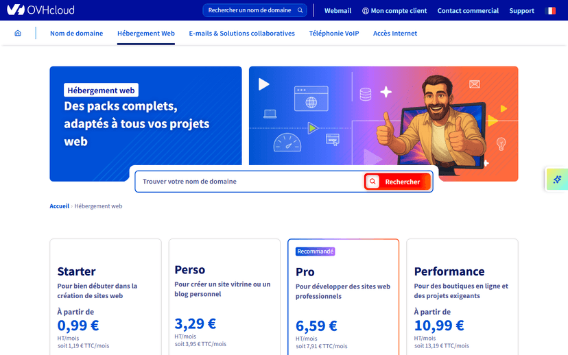 Page d'accueil OVHcloud hébergement web 2026 : tarifs Starter 0,99 €, Perso 3,29 €, Pro 6,59 €, Performance 10,99 € HT/mois