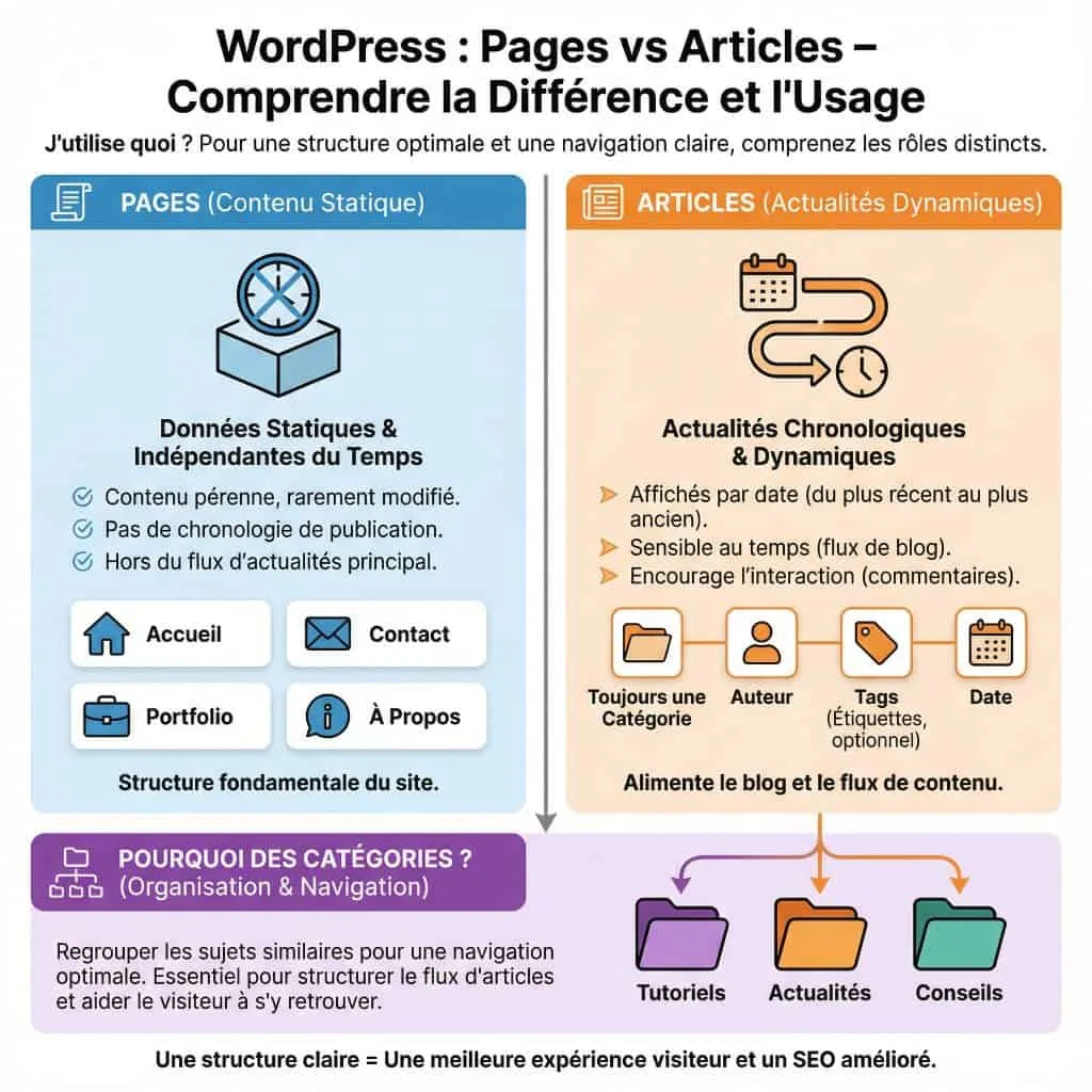 Illustration des différences entre pages statiques et articles de blog dans WordPress
