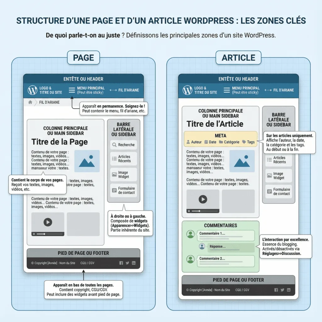 Schéma de la structure d'un site WordPress : header, menu, contenu, sidebar, footer