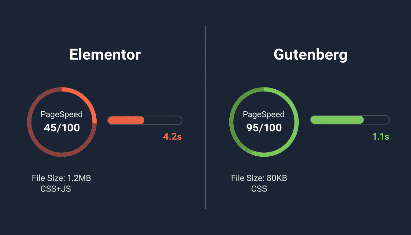 Comparaison performances : Elementor PageSpeed 45 avec 1.2 Mo CSS/JS vs Gutenberg PageSpeed 95 avec 80 Ko CSS